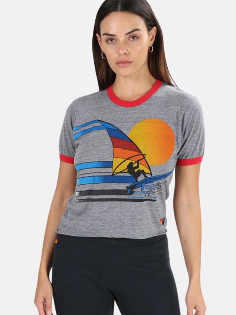 Aviator Nation Windsurf Jump Crop Boyfriend Ringer T-Shirt in Heather Grey Large